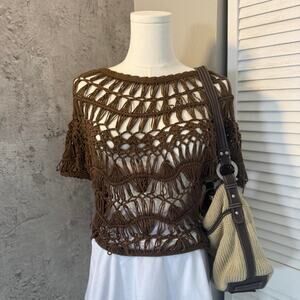 Brown Boho Crotchet Knit Top